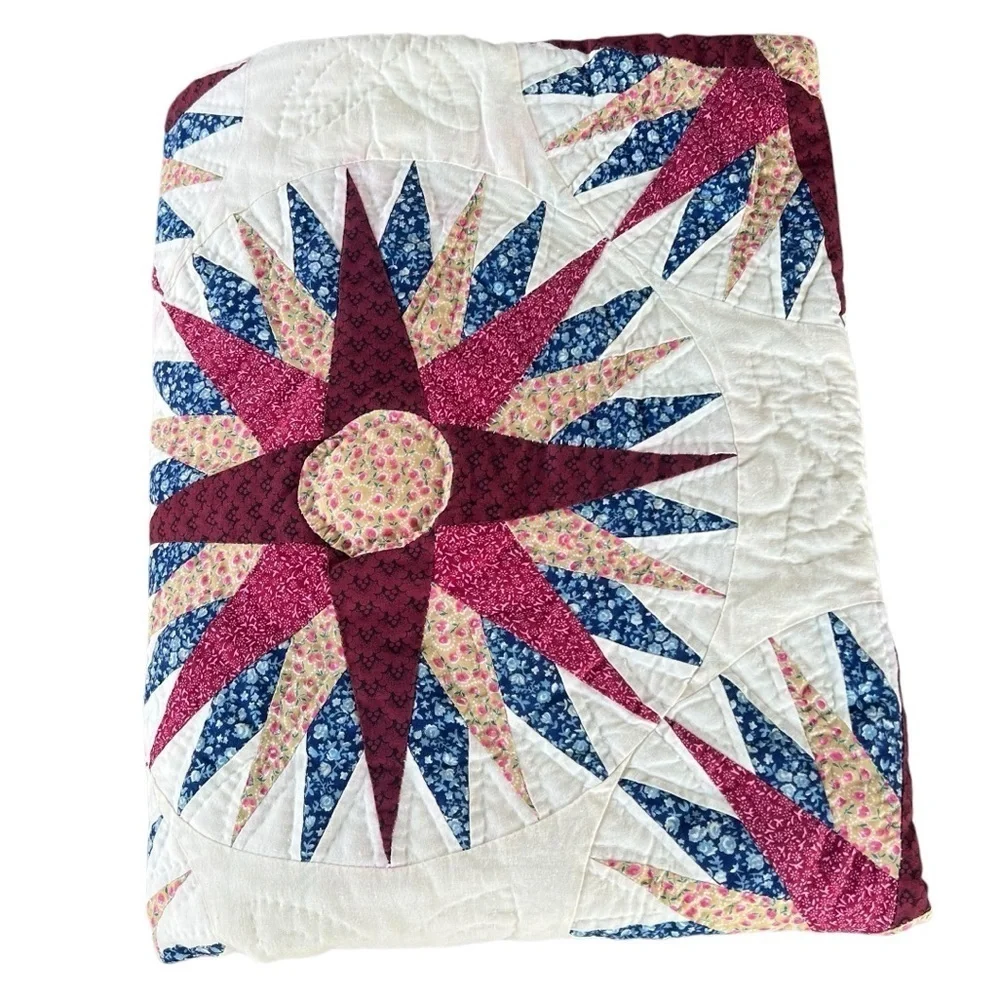 VTG Sunham Slashed Star Quilt Prairie Cottage Calico Floral Hand Quilted 65x81